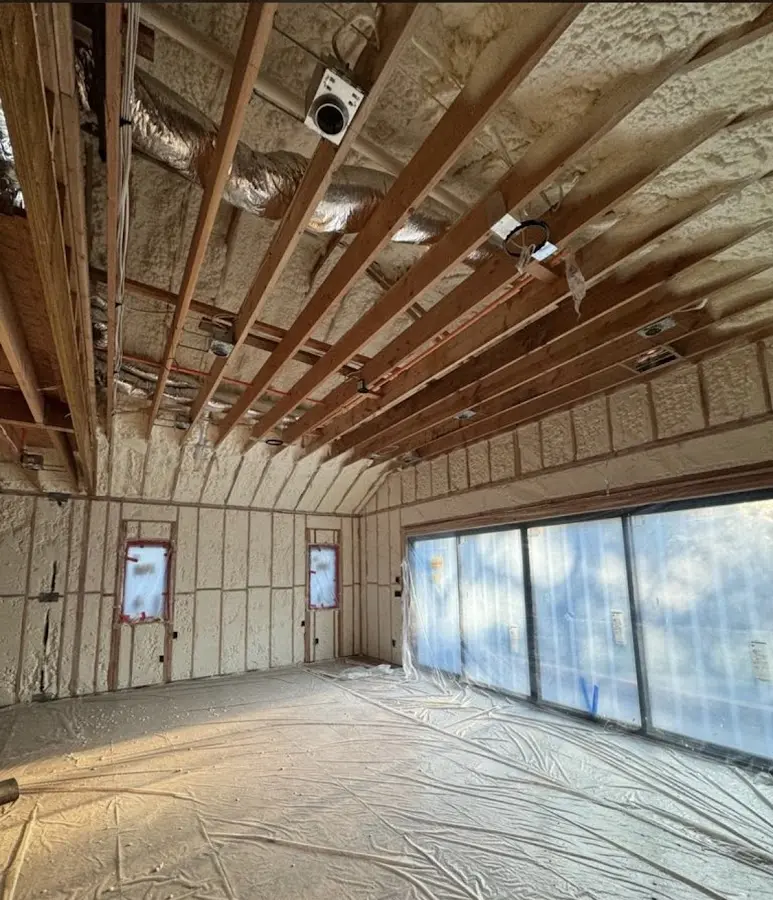 Interior walls and ceiling insulated with spray foam during new construction in Sandpoint